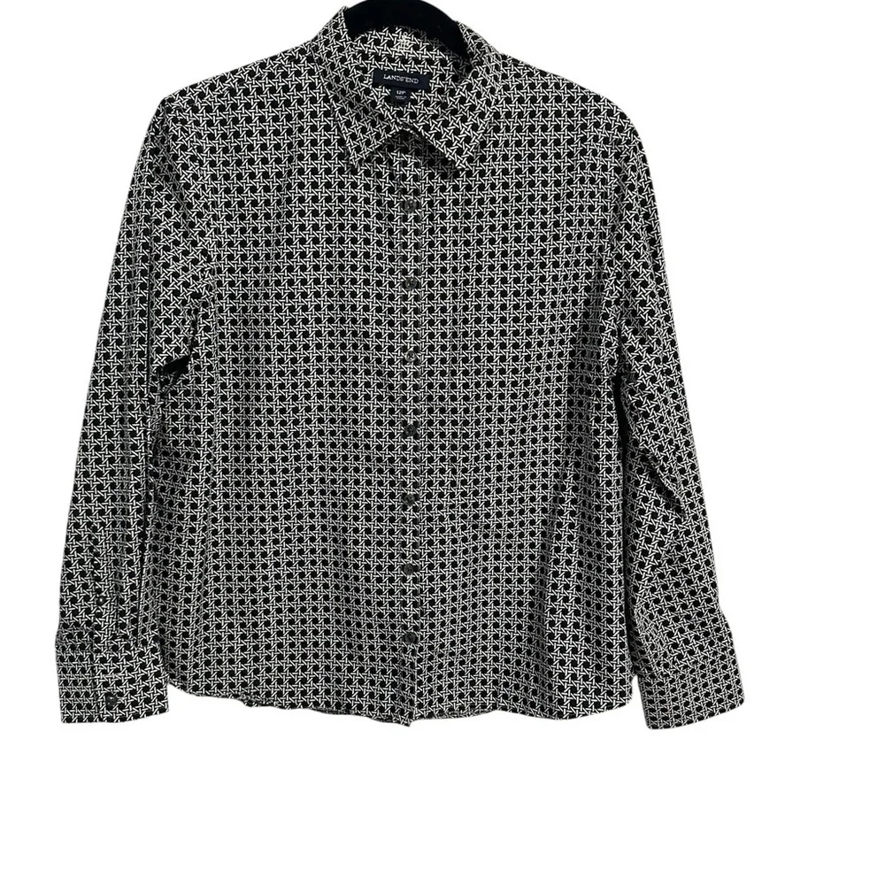 Lands End Black and White‎ Geometric Patterned Button Down Shirt Size 12P Classy